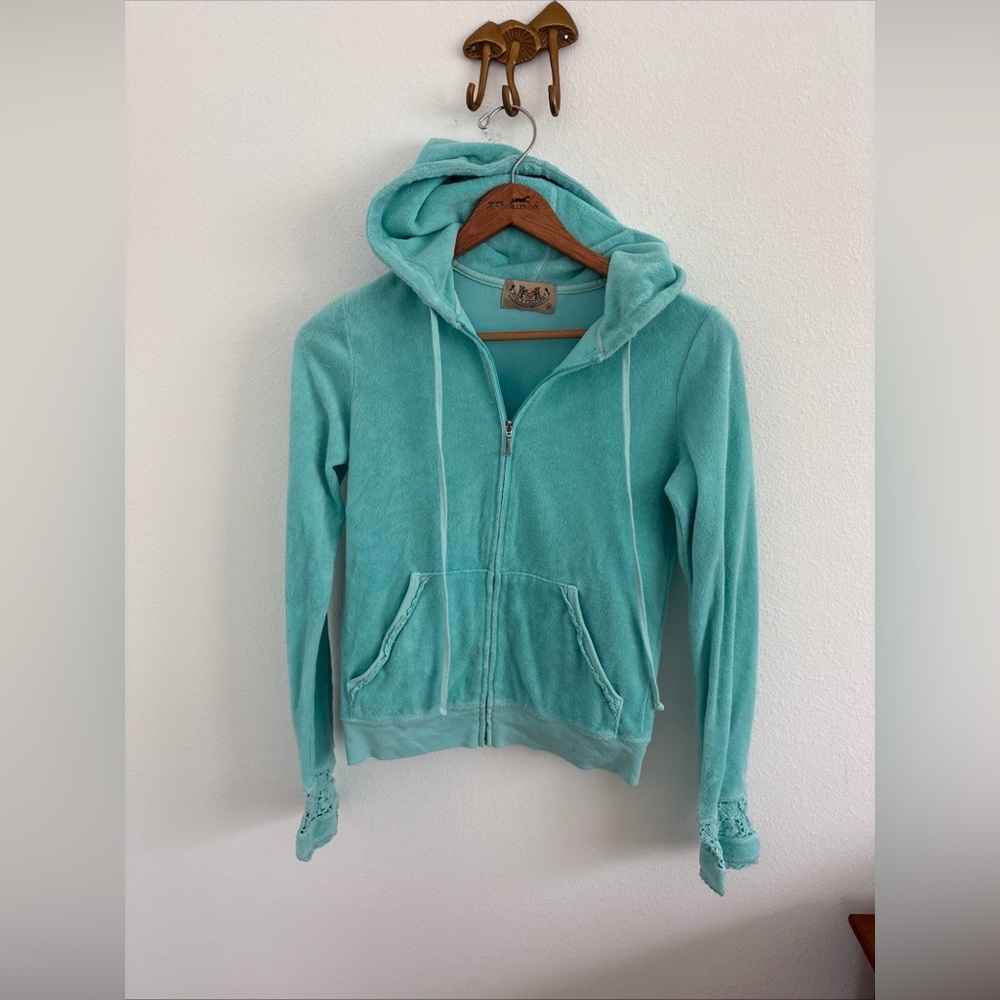 Juicy Couture Y2K Terry Cloth Zip Up Hoodie Embroidered Lace Sleeve Cuffs Size M